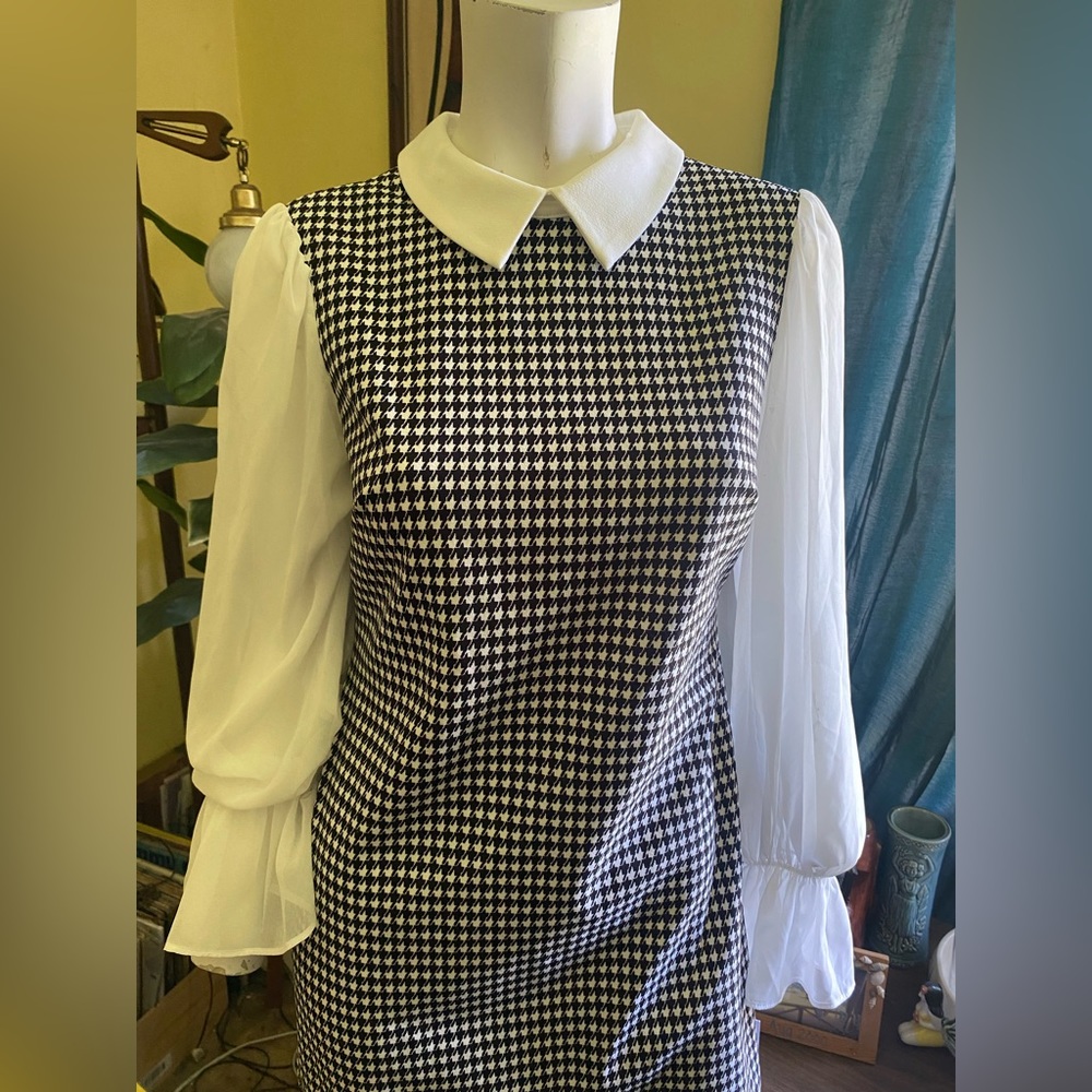 Ladies mod houndstooth puff sheer sleeve collared dress secretary business midi